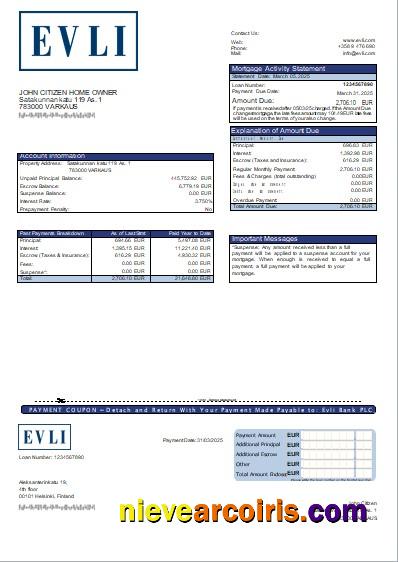 Finland Evli Bank PLC bank mortgage statement